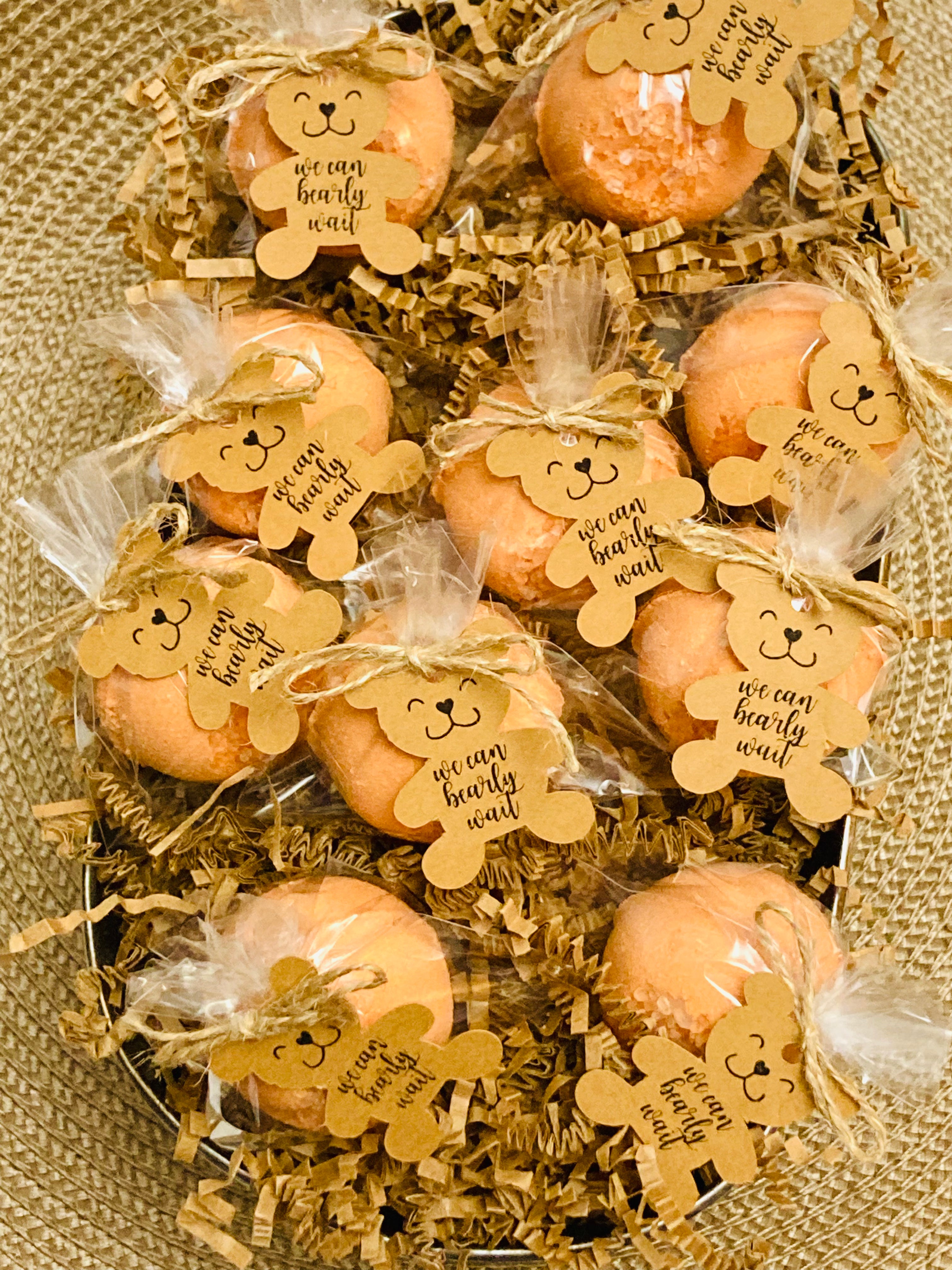 Luxurious Bath Bomb Favors, individually wrapped and tied with twine.